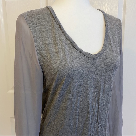 BCBG Paris Gray V Neck Sheer Sleeve Blouse Top - Picture 5 of 7